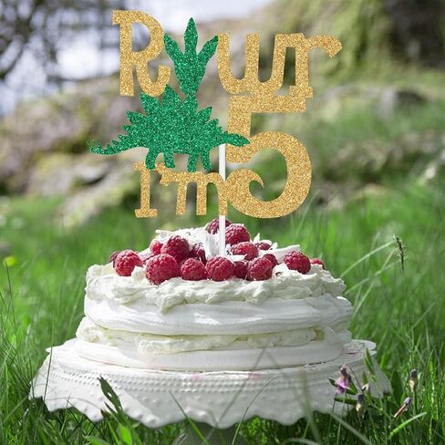 ديناصور سعيد 5th عيد ميلاد كعكة توبر، Rawr I'm 5 ديكور الكعكة، خمسة ريكس، ديناصور لامع تحت عنوان زينة حفلة عيد الميلاد الخامس للأولاد أو البنات in Kuwait