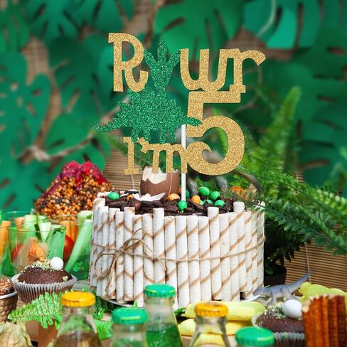 ديناصور سعيد 5th عيد ميلاد كعكة توبر، Rawr I'm 5 ديكور الكعكة، خمسة ريكس، ديناصور لامع تحت عنوان زينة حفلة عيد الميلاد الخامس للأولاد أو البنات in Kuwait