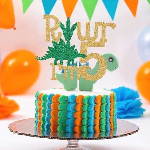 ديناصور سعيد 5th عيد ميلاد كعكة توبر، Rawr I'm 5 ديكور الكعكة، خمسة ريكس، ديناصور لامع تحت عنوان زينة حفلة عيد الميلاد الخامس للأولاد أو البنات in Kuwait