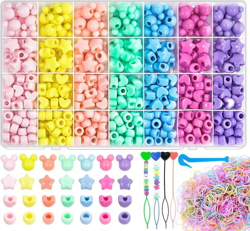 Wavlakth 1510 قطعة من خرز الشعر بلون الحلوى للفتيات طقم ضفائر مع خيوط مطاطية مرنة، نجمة أكريليك على شكل قلب ميكي حبة ماوس رأس باستيل لطيف كاندي لأساور الشعر وصناعة المجوهرات in Kuwait