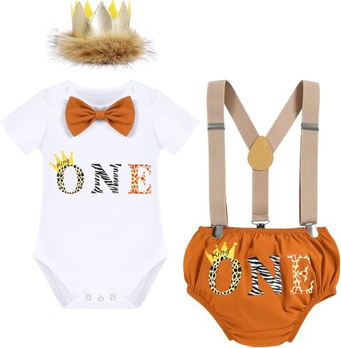 IDOPIP Baby Boys 1st Birthday Cake Smash Outfit Bowtie Romper Suspenders Shorts Pants Set with Lion Headband 4PCS Photo Props in Saudi Arabia