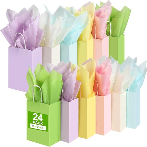 24 عبوة من أكياس الهدايا الورقية مع مناديل من AOZITA، مقاس 8.2 × 4.2 × 10 بوصة، أكياس ورقية متوسطة الحجم للحفلات مع مقابض لاستحمام الطفل، والحرف اليدوية، وحفلات الزفاف، ومستلزمات حفلات أعياد الميلاد، بألوان متنوعة in Kuwait
