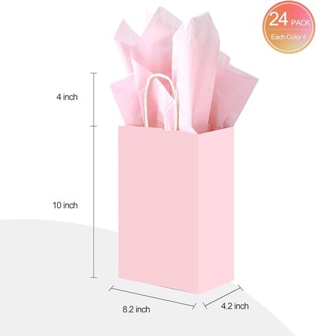 24 عبوة من أكياس الهدايا الورقية مع مناديل من AOZITA، مقاس 8.2 × 4.2 × 10 بوصة، أكياس ورقية متوسطة الحجم للحفلات مع مقابض لاستحمام الطفل، والحرف اليدوية، وحفلات الزفاف، ومستلزمات حفلات أعياد الميلاد، بألوان متنوعة in Kuwait