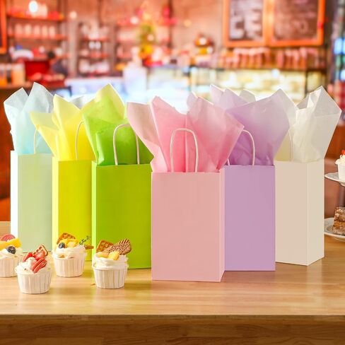 24 عبوة من أكياس الهدايا الورقية مع مناديل من AOZITA، مقاس 8.2 × 4.2 × 10 بوصة، أكياس ورقية متوسطة الحجم للحفلات مع مقابض لاستحمام الطفل، والحرف اليدوية، وحفلات الزفاف، ومستلزمات حفلات أعياد الميلاد، بألوان متنوعة in Kuwait