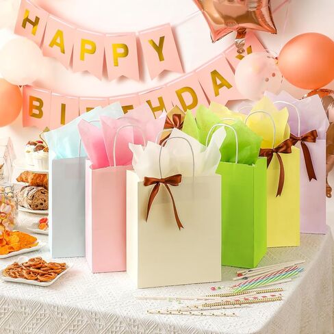 24 عبوة من أكياس الهدايا الورقية مع مناديل من AOZITA، مقاس 8.2 × 4.2 × 10 بوصة، أكياس ورقية متوسطة الحجم للحفلات مع مقابض لاستحمام الطفل، والحرف اليدوية، وحفلات الزفاف، ومستلزمات حفلات أعياد الميلاد، بألوان متنوعة in Kuwait