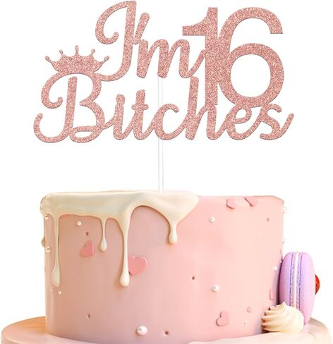 قطعة علوية للكيك من ARUTPER Ruepartydeoret I'm 16 B*tches، ديكورات عيد ميلاد حلوة، أغطية علوية، ديكورات رقم 16 للفتيات باللون الذهبي الوردي in Kuwait