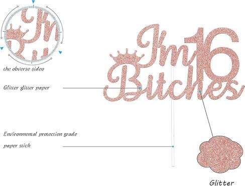 قطعة علوية للكيك من ARUTPER Ruepartydeoret I'm 16 B*tches، ديكورات عيد ميلاد حلوة، أغطية علوية، ديكورات رقم 16 للفتيات باللون الذهبي الوردي in Kuwait