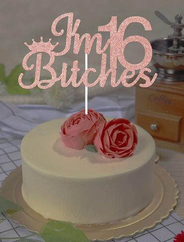 قطعة علوية للكيك من ARUTPER Ruepartydeoret I'm 16 B*tches، ديكورات عيد ميلاد حلوة، أغطية علوية، ديكورات رقم 16 للفتيات باللون الذهبي الوردي in Kuwait