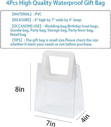 حقيبة هدايا شفافة بمقبض، 4 قطع حقيبة هدايا شفافة من البولي فينيل كلوريد، حقائب تغليف هدايا شديدة التحمل قابلة لإعادة الاستخدام لحفلات الزفاف، حفلات استقبال المولود الجديد، هدايا الزفاف، حقيبة تسوق كبيرة الحجم - 7 بوصة × 4 بوصة × 8 بوصة in Kuwait