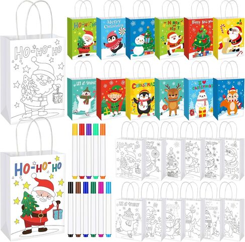Cholemy 72 Pcs Christmas Paper Gift Bags DIY Color Your Own Xmas Paper Bags with Handle and 24 Pcs Watercolor Pens for DIY Painting Birthday Party Gifts or Christmas Art Party Favors Supplies in Saudi Arabia