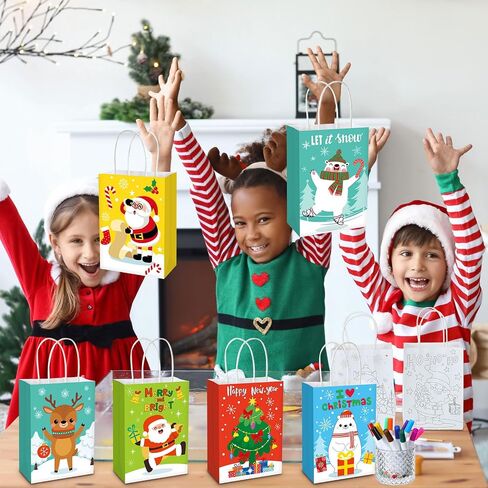 Cholemy 72 Pcs Christmas Paper Gift Bags DIY Color Your Own Xmas Paper Bags with Handle and 24 Pcs Watercolor Pens for DIY Painting Birthday Party Gifts or Christmas Art Party Favors Supplies in Saudi Arabia