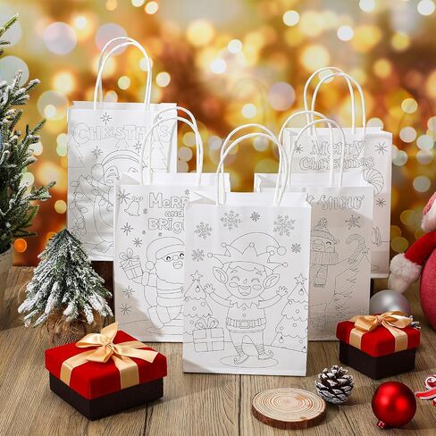Cholemy 72 Pcs Christmas Paper Gift Bags DIY Color Your Own Xmas Paper Bags with Handle and 24 Pcs Watercolor Pens for DIY Painting Birthday Party Gifts or Christmas Art Party Favors Supplies in Saudi Arabia