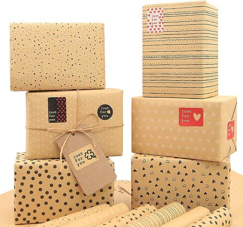 Birthday Wrapping Paper,28 * 20 Inch Kraft Brown Gift Wrapping Paper for Women Men Girl Boy,12 Sheets Dot Stripe Heart Paper with String Sticker Tag for Mother's Day Father's Day Graduation Gift Wrap in Saudi Arabia