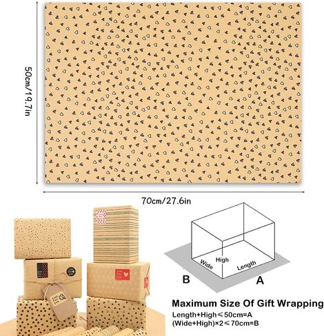 Birthday Wrapping Paper,28 * 20 Inch Kraft Brown Gift Wrapping Paper for Women Men Girl Boy,12 Sheets Dot Stripe Heart Paper with String Sticker Tag for Mother's Day Father's Day Graduation Gift Wrap in Saudi Arabia