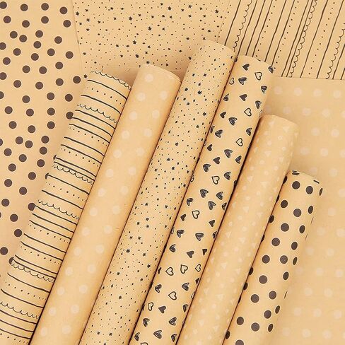 Birthday Wrapping Paper,28 * 20 Inch Kraft Brown Gift Wrapping Paper for Women Men Girl Boy,12 Sheets Dot Stripe Heart Paper with String Sticker Tag for Mother's Day Father's Day Graduation Gift Wrap in Saudi Arabia