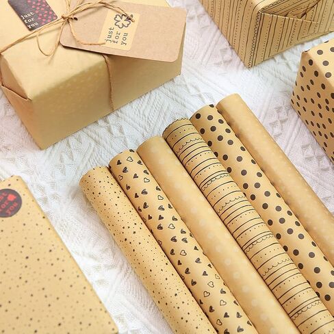 Birthday Wrapping Paper,28 * 20 Inch Kraft Brown Gift Wrapping Paper for Women Men Girl Boy,12 Sheets Dot Stripe Heart Paper with String Sticker Tag for Mother's Day Father's Day Graduation Gift Wrap in Saudi Arabia