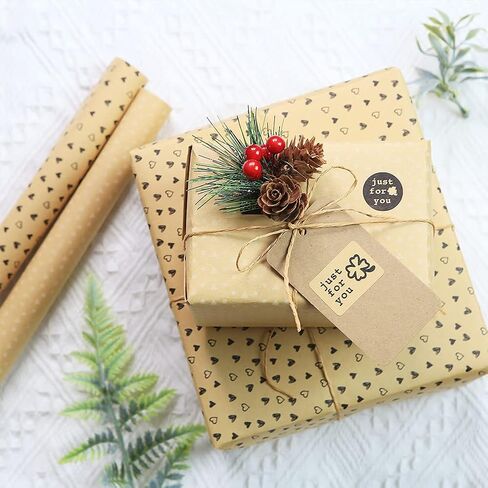 Birthday Wrapping Paper,28 * 20 Inch Kraft Brown Gift Wrapping Paper for Women Men Girl Boy,12 Sheets Dot Stripe Heart Paper with String Sticker Tag for Mother's Day Father's Day Graduation Gift Wrap in Saudi Arabia