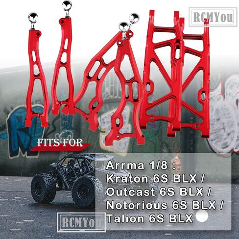 تقوم RCMYou بترقية أذرع التعليق لـ 1/8 Arrma Kraton 6S BLX، Outcast 6S BLX، Talion 6S BLX، Notorious 6S BLX، أذرع أمامية أمامية من الألومنيوم ومجموعة ذراع علوية سفلية A-Arm تقفز مع كرات محورية، 6 قطع، أسود in Kuwait