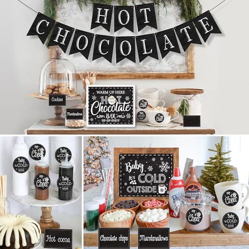 مجموعة تزيين بار الشوكولاتة الساخنة لعيد الميلاد، لوازم بار الكاكاو الساخن، لافتة بار الشوكولاتة الساخنة، إضافات، ملصقات أكواب لعيد الميلاد الشتوي، رأس السنة الجديدة، ديكورات استحمام الطفل الباردة في الخارج in Kuwait