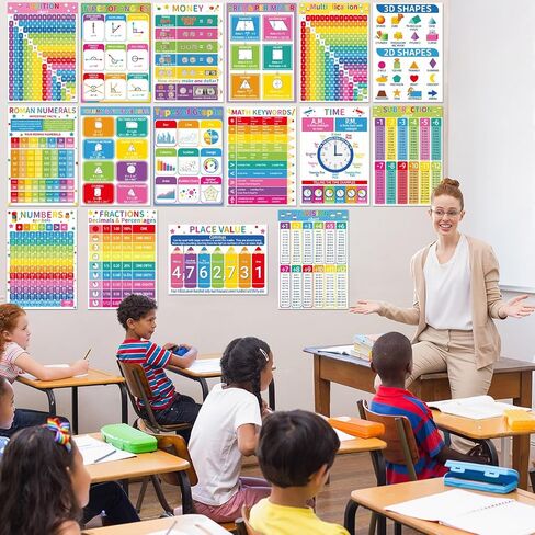 gisgfim 16 Colorful Math Posters for Elementary School Kids Math Educational Learning Posters Classroom Wall Decor Includes Multiplication Division Addition Subtraction Fractions Decimals Math Charts in Saudi Arabia