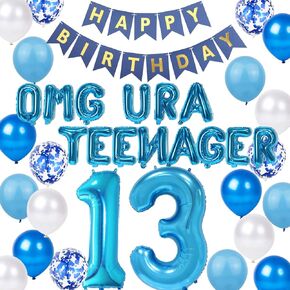 13th Birthday Decorations for Boys Girls, OMG UR A Teenager 13th Birthday Decoration, Blue 13th Birthday Banner Number 13 Star Foil Balloons Blue Confetti Balloons for 13 Years Birthday Boys(13th)
