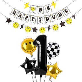 لافتة ون هابي دود ومجموعة بالونات رقم 1 مقاس 40 انش، لعيد الميلاد الاول ووجه مبتسم وزينة حفلات اعياد الميلاد وخلفيات لوازم الحفلات in Kuwait