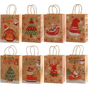 أكياس هدايا عيد الميلاد من COLOGO، 24 حقيبة عيد الميلاد، 8 تصميمات لأكياس ورق كرافت لعيد الميلاد، 8.26 بوصة × 6 بوصة × 3.15 بوصة أكياس تهنئة فارغة للعطلات بمقابض in Kuwait