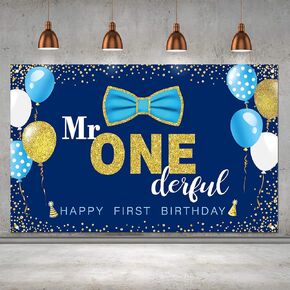 ديكورات حفلات عيد ميلاد السيد Onederful للأولاد، لافتة عيد ميلاد سعيد الأول، خلفية كبيرة لديكور طاولة كعكة عيد الميلاد الأول، لوازم هدايا الحفلات (الأزرق والذهبي) in Kuwait