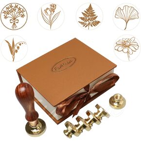 FsAlisa Wax Seal Stamp Set 6 Pieces Sealing Wax Stamps Copper Seals + Wooden Hilt, Vintage Seal Wax Stamp Kit with Gift Box for Invitations Cards Letters Envelopes Wine Packages (Botanical Set B)