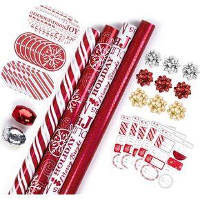 WRAPAHOLIC Wrapping Paper Set - Red and White Metallic Foil Shine Christmas Wrapping Paper Bundle with Gift Bow & Ribbon & Tag & Sticker, Perfect for Birthday, Holiday, Party, Baby Shower