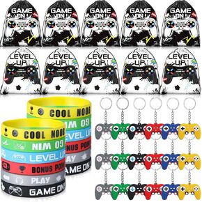 Nosiny 72 PCS Video Game Party Favors Birthday Include 24 Video Game Goodie Drawstring Bags 24 Silicone Bracelet 24 Controller Keychain for Kids for Party Supplies(Green,Vivid)