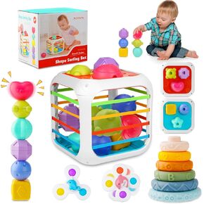 Baby Montessori Toys for 6 to 12 Months, Shape Sorter Sensory Bin with 6 Shape Blocks, Stacking Rings Infant Teething Toys, Suction Cup Spinner Toddler Bath Toy, Baby Toys Gift for Birthday Christmas in Kuwait