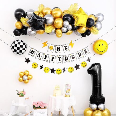 لافتة ون هابي دود ومجموعة بالونات رقم 1 مقاس 40 انش، لعيد الميلاد الاول ووجه مبتسم وزينة حفلات اعياد الميلاد وخلفيات لوازم الحفلات in Kuwait