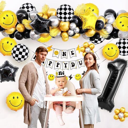لافتة ون هابي دود ومجموعة بالونات رقم 1 مقاس 40 انش، لعيد الميلاد الاول ووجه مبتسم وزينة حفلات اعياد الميلاد وخلفيات لوازم الحفلات in Kuwait