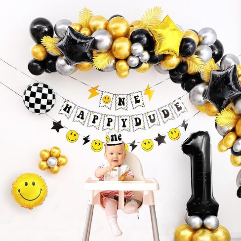 لافتة ون هابي دود ومجموعة بالونات رقم 1 مقاس 40 انش، لعيد الميلاد الاول ووجه مبتسم وزينة حفلات اعياد الميلاد وخلفيات لوازم الحفلات in Kuwait