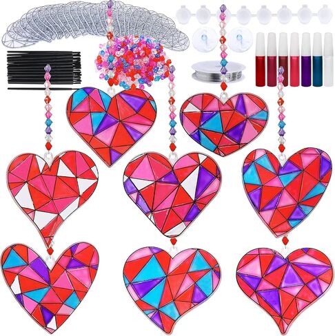 24 Sets Heart Suncatchers Ornaments Decoration DIY Window Paint Art Stickers Craft Kit Heart Sun Catchers for Kids Mother's Day Gift Valentine's Day Classroom Party Art Project Gift Favor in Saudi Arabia