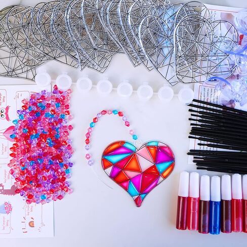 24 Sets Heart Suncatchers Ornaments Decoration DIY Window Paint Art Stickers Craft Kit Heart Sun Catchers for Kids Mother's Day Gift Valentine's Day Classroom Party Art Project Gift Favor in Saudi Arabia