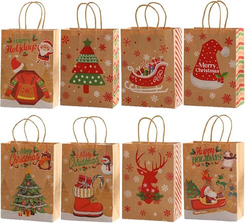 أكياس هدايا عيد الميلاد من COLOGO، 24 حقيبة عيد الميلاد، 8 تصميمات لأكياس ورق كرافت لعيد الميلاد، 8.26 بوصة × 6 بوصة × 3.15 بوصة أكياس تهنئة فارغة للعطلات بمقابض in Kuwait