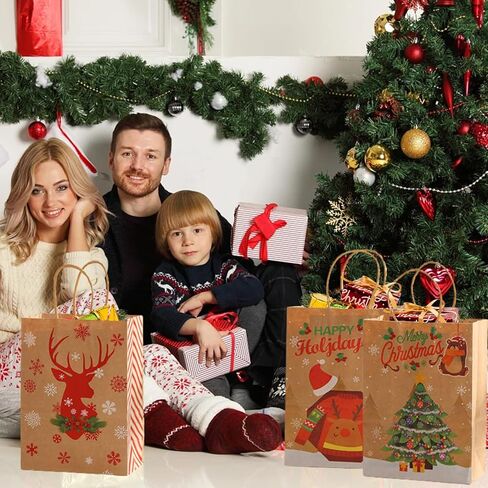 أكياس هدايا عيد الميلاد من COLOGO، 24 حقيبة عيد الميلاد، 8 تصميمات لأكياس ورق كرافت لعيد الميلاد، 8.26 بوصة × 6 بوصة × 3.15 بوصة أكياس تهنئة فارغة للعطلات بمقابض in Kuwait
