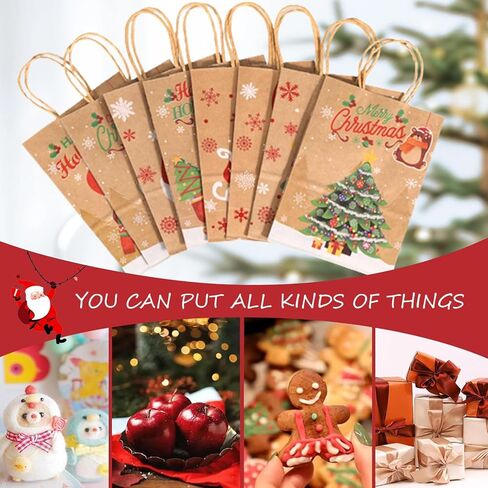 أكياس هدايا عيد الميلاد من COLOGO، 24 حقيبة عيد الميلاد، 8 تصميمات لأكياس ورق كرافت لعيد الميلاد، 8.26 بوصة × 6 بوصة × 3.15 بوصة أكياس تهنئة فارغة للعطلات بمقابض in Kuwait