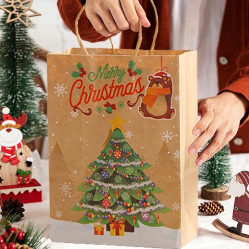 أكياس هدايا عيد الميلاد من COLOGO، 24 حقيبة عيد الميلاد، 8 تصميمات لأكياس ورق كرافت لعيد الميلاد، 8.26 بوصة × 6 بوصة × 3.15 بوصة أكياس تهنئة فارغة للعطلات بمقابض in Kuwait