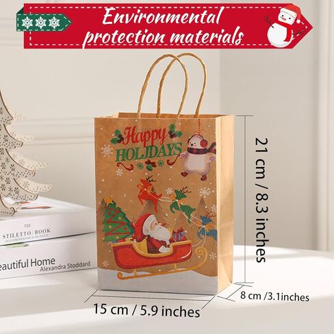 أكياس هدايا عيد الميلاد من COLOGO، 24 حقيبة عيد الميلاد، 8 تصميمات لأكياس ورق كرافت لعيد الميلاد، 8.26 بوصة × 6 بوصة × 3.15 بوصة أكياس تهنئة فارغة للعطلات بمقابض in Kuwait