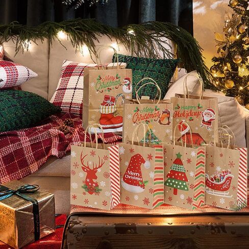 أكياس هدايا عيد الميلاد من COLOGO، 24 حقيبة عيد الميلاد، 8 تصميمات لأكياس ورق كرافت لعيد الميلاد، 8.26 بوصة × 6 بوصة × 3.15 بوصة أكياس تهنئة فارغة للعطلات بمقابض in Kuwait