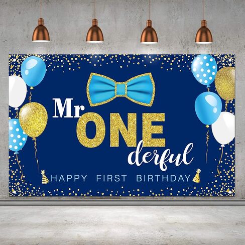 ديكورات حفلات عيد ميلاد السيد Onederful للأولاد، لافتة عيد ميلاد سعيد الأول، خلفية كبيرة لديكور طاولة كعكة عيد الميلاد الأول، لوازم هدايا الحفلات (الأزرق والذهبي) in Kuwait