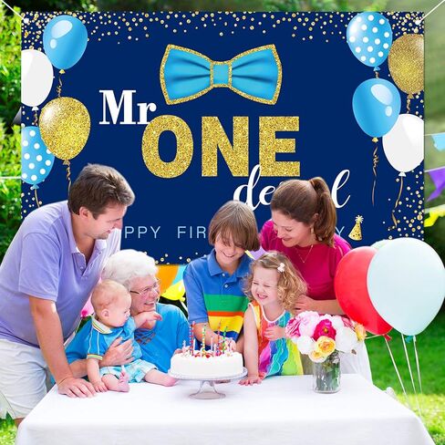 ديكورات حفلات عيد ميلاد السيد Onederful للأولاد، لافتة عيد ميلاد سعيد الأول، خلفية كبيرة لديكور طاولة كعكة عيد الميلاد الأول، لوازم هدايا الحفلات (الأزرق والذهبي) in Kuwait