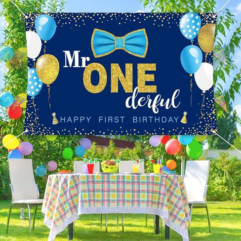 ديكورات حفلات عيد ميلاد السيد Onederful للأولاد، لافتة عيد ميلاد سعيد الأول، خلفية كبيرة لديكور طاولة كعكة عيد الميلاد الأول، لوازم هدايا الحفلات (الأزرق والذهبي) in Kuwait