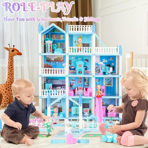 بيت الدمى المكون من 4 قصص من 7 إلى 8 سنوات، بيت الدمى الحلم مع ملحقات الأثاث، 3 دمى، أضواء، بيوت الدمى للأطفال الصغار من عمر 4 إلى 5 سنوات للفتيات والأولاد الذين يتظاهرون كوخ هدية للأطفال بعمر 3 سنوات فما فوق in Kuwait