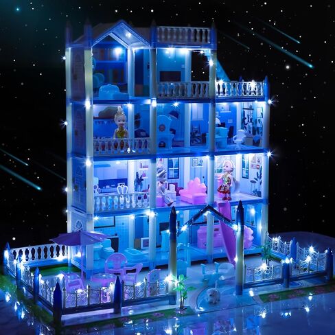 بيت الدمى المكون من 4 قصص من 7 إلى 8 سنوات، بيت الدمى الحلم مع ملحقات الأثاث، 3 دمى، أضواء، بيوت الدمى للأطفال الصغار من عمر 4 إلى 5 سنوات للفتيات والأولاد الذين يتظاهرون كوخ هدية للأطفال بعمر 3 سنوات فما فوق in Kuwait