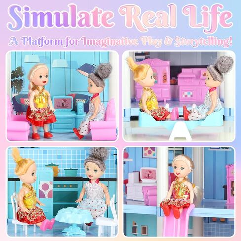 بيت الدمى المكون من 4 قصص من 7 إلى 8 سنوات، بيت الدمى الحلم مع ملحقات الأثاث، 3 دمى، أضواء، بيوت الدمى للأطفال الصغار من عمر 4 إلى 5 سنوات للفتيات والأولاد الذين يتظاهرون كوخ هدية للأطفال بعمر 3 سنوات فما فوق in Kuwait