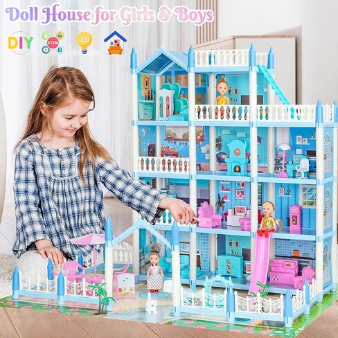 بيت الدمى المكون من 4 قصص من 7 إلى 8 سنوات، بيت الدمى الحلم مع ملحقات الأثاث، 3 دمى، أضواء، بيوت الدمى للأطفال الصغار من عمر 4 إلى 5 سنوات للفتيات والأولاد الذين يتظاهرون كوخ هدية للأطفال بعمر 3 سنوات فما فوق in Kuwait